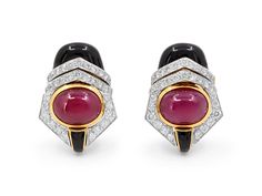 Enter the wonderful world of designer David Webb in these perfectly posh ruby, diamond and enamel earrings. The magnificent modern style is David Webb at his best. Crafted in high polish 18k gold, the center ruby cabochon is framed by an effervescence of pave diamonds set in platinum. Inky black enamel accents cap the Studded Dress, David Webb, Jewellery Marketing, Perfectly Posh, Bold Jewelry, Gold Pin, Onyx Earrings, Enamel Bracelet, Domed Ring