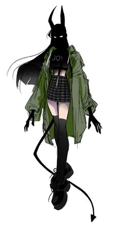 a drawing of a woman with long hair and devil horns on her head, wearing a green jacket