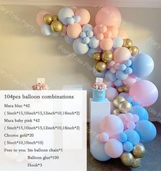 balloons are on display in front of a sign that says balloon combinations, and there is a list for each balloon