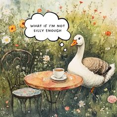 a painting of a goose sitting at a table with a cup of coffee in front of it