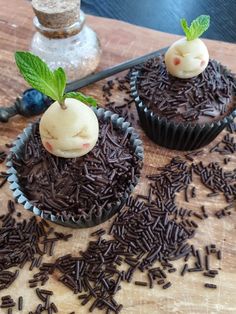 two cupcakes with chocolate frosting and sprinkles on a cutting board