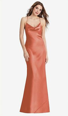 Cowl-neck Convertible Maxi Slip Bridesmaid Dress - Reese In Terracotta Copper | The Dessy Group Bias Cut Pre-draped Slip Dress For Wedding, Elegant Bridesmaid Slip Dress With Fitted Bodice, Floor-length Slip Dress With Satin Finish And Fitted Bodice, Elegant Silk Slip Dress For Prom Season, Elegant Silk Slip Dress For Prom, Formal Satin Finish Slip Dress For Prom, Elegant Formal Slip Dress For Prom Season, Elegant Formal Slip Dress For Prom, Elegant Bridesmaid Slip Dress For Prom Season