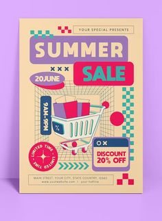 a poster for a summer sale with an image of a shopping cart and other items