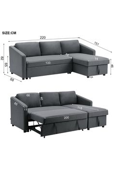 two sectional sofas are shown with the measurements for each couch and one is in different positions