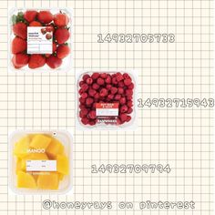 three plastic containers with different types of fruit in them and labeled labels on the lids