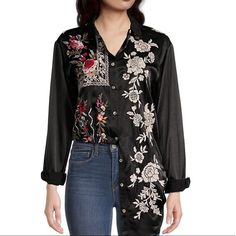 Elegant Tunic-Length Shirt Finished In A Luxurious Sheen, Enhanced By Striking Floral Embroidery Throughout The Design. Spread Collar Long Sleeves Button Cuffs Front Button Closure 57% Rayon/43% Viscose Hand Wash Imported Size & Fit About 32" From Shoulder To Hem Spring Black Embroidered Shirt, Black Embroidered Shirt For Spring, Black Embroidered Button-up Shirt, Spring Long Sleeve Embellished Shirt, Black Button-up Blouse With Floral Embroidery, Black Button-up Shirt With Floral Embroidery, Black Floral Embroidery Button-up Blouse, Black Floral Embroidery Button-up Shirt, Elegant Embroidered Fall Shirt