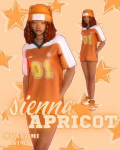 a woman in an orange uniform with stars around her head and the words sienna apricot on it