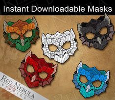 four masks with different designs on them and the words instant printable masks below it