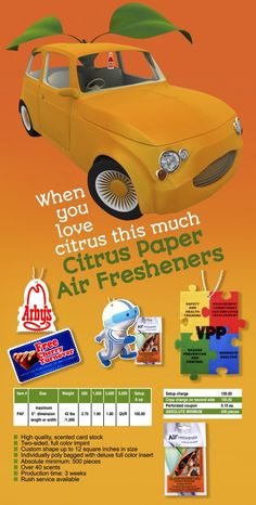 an advertisement for air fresheners with a yellow car in the middle and green leaves on top