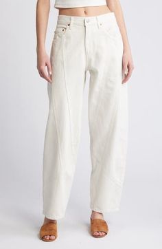 Hit refresh on white-jeans season with a with a sturdy, all-cotton denim pair turned out in a trending tapered silhouette with diagonal seaming. 30" inseam; 17" leg opening Zip fly with button closure Five-pocket style 100% cotton Machine wash, tumble dry Imported Spring Jeans With Seam Detailing And Tapered Leg, Spring Jeans With Contrast Stitching, Cropped Cotton Jeans With Contrast Stitching, White Rigid Denim Jeans With Pockets, White Straight Leg Jeans With Contrast Stitching, Modern Jeans With Contrast Stitching For Spring, Modern Tapered Leg Jeans For Spring, Modern Spring Jeans With Contrast Stitching, Spring Cotton Jeans With Seam Detailing