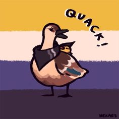 a duck is standing in front of a flag with the words quack written on it