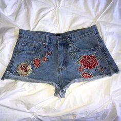 Open To All Offers :) Trendy Embroidered Blue Shorts, Trendy Embroidered Short Bottoms, Trendy Embroidered Short Shorts, Trendy Embroidered Shorts, Trendy Floral Embroidery Shorts, Blue Cutoff Shorts With Floral Embroidery, Trendy Cutoff Shorts With Floral Embroidery, Trendy High Waist Floral Embroidered Shorts, Blue Floral Embroidered Cutoff Bottoms