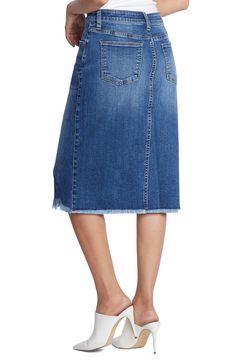 Soft denim with a hint of stretch is crafted into this versatile midi-length skirt finished with a feathery fringed hem. 25 1/2" length 96% cotton, 3% polyester, 1% spandex Machine wash, tumble dry Imported Beach Blue, Midi Length Skirts, Denim Midi Skirt, Midi Length, Midi Skirt, Lab, Nordstrom, Spandex, Skirt