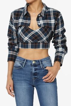 Remmi Cropped Plaid Button Down Shirt BLUE_1 Fitted Long Sleeve Flannel Shirt For Winter, Plaid Flannel Top With Button Closure, Plaid Tops With Button Closure For Fall, Plaid Long Sleeve Top For Fall, Trendy Plaid Top For Fall, Plaid Button-up Tops For Fall, Plaid Top For Fall Workwear, Plaid Tops For Workwear In Fall, Long Sleeve Flannel Tops For Spring