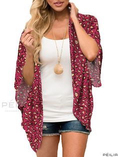 Peilia - Burgundy Leopard Print Beachwear Cardigan with V-Neckline, Batwing Sleeves, and Non-Stretch Fabric - Stylish Swimwear and Clothing for Women Trendy V-neck One Size Cardigan, Trendy V-neck One-size Cardigan, Trendy V-neck Cardigan One Size, Trendy V-neck Summer Cardigan, Red V-neck Summer Cardigan, Red Spring Cardigan For Vacation, Red Spring Vacation Cardigan, Red Cardigan For Beach In Spring, Red Summer Beach Cardigan