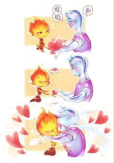 two cartoon characters with fire and water in their hands