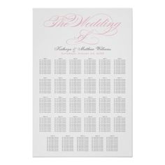 the wedding seating chart is shown in pink and white