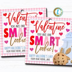 two valentine's day cards with chocolate chip cookies and a cookie jar on them