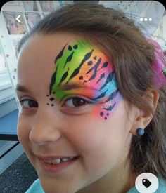 Jungle Face Paint Kids, Pride Face Painting, Rainbow Cheetah Face Paint, Lisa Frank Face Paint, Uv Face Paint Ideas Simple, Line Buster Face Paint, Bluey Face Painting Ideas For Kids, Lisa Frank Party Ideas, Pride Face Paint Ideas