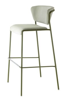 an upholstered bar stool with arms and backrests in white fabric, viewed from the front