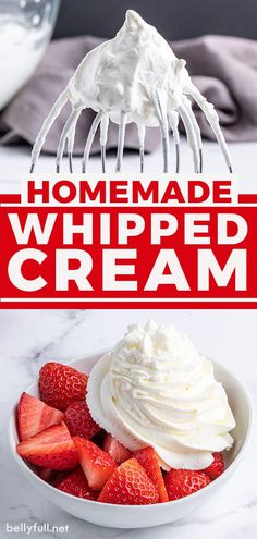 homemade whipped cream in a white bowl with strawberries and whip cream on the side