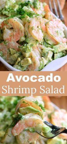 shrimp salad with avocado in a white bowl