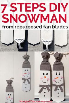 snowman decorations hanging from the ceiling with text overlay that reads 7 steps diy snowman from repurposed fan blades