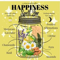 Happiness Spell Jar, Health Spell, Happiness Spell, Witches Jar, Witchcraft Spells For Beginners, Happy Jar, Witch Herbs, Jar Spells