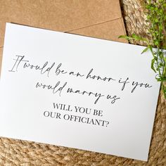 "\"It would be an honor if you would marry us, will you be our officiant?\" Ask your officiant to be a part of your bridal party with this cute card!   - Single sided/ not foldable card - Includes kraft envelope - Measures approx 5in x 7in All cards are sent out in a rigid polymailer so they can stay flat and bent free.  Check Out Other Bridesmaid proposal cards here: https://www.etsy.com/shop/ZeilerMade?section_id=32661337 I hope your wedding planning is going wonderful! If you have any questio Ask Someone To Officiate Your Wedding, Asking Someone To Marry Us, Will You Marry Us Proposal, Asking Someone To Ordain Your Wedding, How To Ask Someone To Officiate Your Wedding, Will You Be My Officiant Proposal, Ways To Ask Officiant To Marry You, Cute Ways To Ask Someone To Officiate Your Wedding, Ask Officiant To Marry Cute Ideas