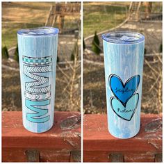 two pictures of the same tumbler cup, one with a heart painted on it