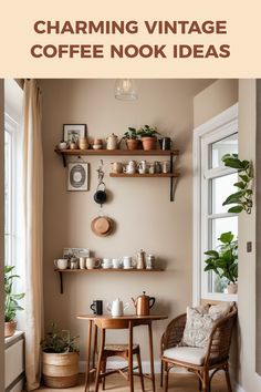 A cozy and charming vintage-style coffee nook showcases open shelving filled with an array of vibrant vintage mugs and green plants. This pin highlights how to create a perfect charming retreat for coffee lovers.