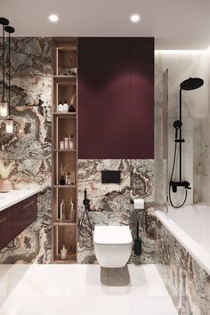 a modern bathroom with marble walls and flooring