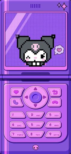 a purple cell phone with an animal face on the front and bottom panel, in pixel style