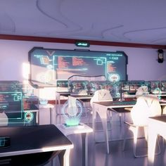 a room filled with lots of desks covered in computer screens and glowing lights on the ceiling