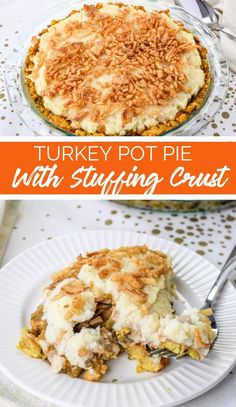 turkey pot pie with stuffing crust on a white plate and an orange border around it