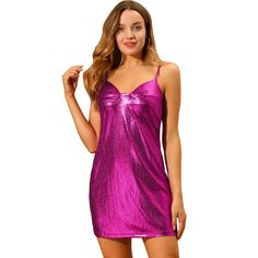 This beautiful dress is sure to turn heads with its adjustable spaghetti straps and v-neckline. Its metallic fabric catches the light and gives off a dazzling sparkle that will make you stand out on the dance floor. Perfect for a night out with friends, this dress is versatile enough to wear to birthday parties, club bars, cocktail parties, or even on a date. Dress it up or down for any occasion and feel confident and stylish. You could even wear it as a casual piece for everyday wear or a gathe Women Club Dresses, Date Dress, Sparkly Mini Dress, Sparkly Party, Party Mini Dress, Fabric Glitter, Purple Mini Dresses, Cowl Neckline, Dress Purple