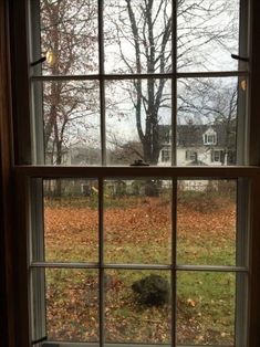 an open window looking out onto a yard with leaves on the ground and houses in the background