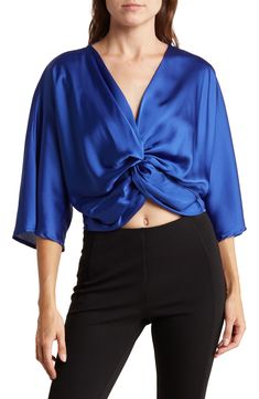 Renee C Plunge Neck Long Sleeve Twisted Knot Satin Top | Nordstromrack Twist Front Long Sleeve Top For Night Out, Long Sleeve Twist Front Top For Night Out, Chic Evening Top With Twist Front, Fitted Twist Front Top For Evening, Spring Long Sleeve V-neck Top For Night Out, Fall Twist Front V-neck Top, Twist Knot, Satin Top, Satin Fabric