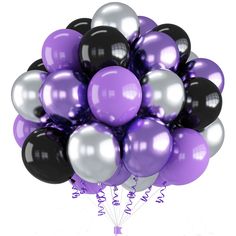 a bunch of balloons that are in the shape of a ballon with purple and silver colors