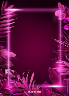 a purple neon frame surrounded by tropical plants and leaves on a black background with a pink rectangle in the middle