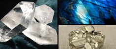 four different pictures with blue and white crystals