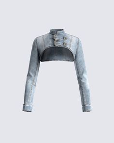 Buckle up, cause this girl knows how to ride 😜 Made from denim fabric, and complete with a buckle closure detail and cropped style - this denim jacket is the perfect piece to finish up your it-girl looks 💙 Chic Denim Cropped Jacket With Long Sleeves, Trendy Fitted Cropped Jacket, Trendy Cropped Denim Top, Chic Long Sleeve Denim Cropped Jacket, Chic Long-sleeve Denim Cropped Jacket, Trendy Cropped Denim Vest With Button Closure, Chic Cropped Fitted Denim Vest, Winter Cropped Denim Blue Jacket, Fitted Denim Cropped Jacket With Buttons