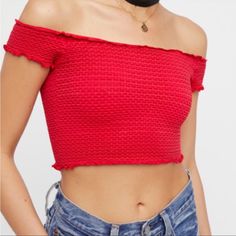 Nwot Free People Smocked Off The Shoulder Crop Top Casual Cropped Smocked Stretch Top, Casual Off-shoulder Smocked Top, Fitted Off-shoulder Smocked Casual Top, Fitted Off-shoulder Casual Smocked Top, Fitted Red Smocked Top For Summer, Red Smocked Top With Smocked Bodice For Summer, Fitted Red Smocked Top With Ruffles, Red Smocked Top For Spring, Casual Solid Smocked Top With Stretch