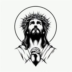 the face of jesus with his hands folded in front of him, on a white background