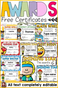 an award certificate for students to use in their writing and spelling skills, with the words awards