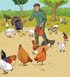 a man is standing in the middle of a field surrounded by chickens and turkeys