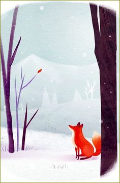 a painting of a fox in the snow looking at an orange frisbee flying overhead