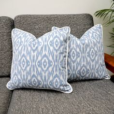 two blue and white pillows sitting on top of a gray couch next to a potted plant