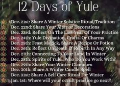 the twelve days of yule poster is shown in front of a christmas tree and presents