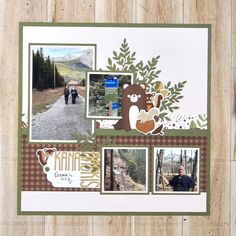 a scrapbook page with some pictures and people walking down the road in the woods